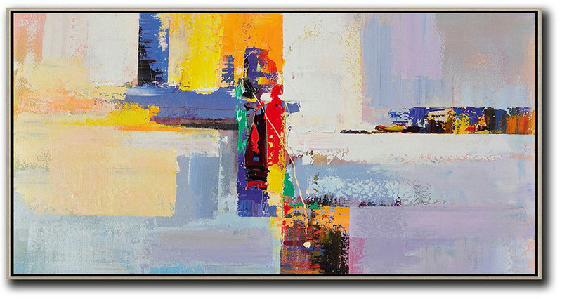 Horizontal Palette Knife Contemporary Art Panoramic Canvas Painting,Acrylic Painting On Canvas,White,Yellow,Purple,Red